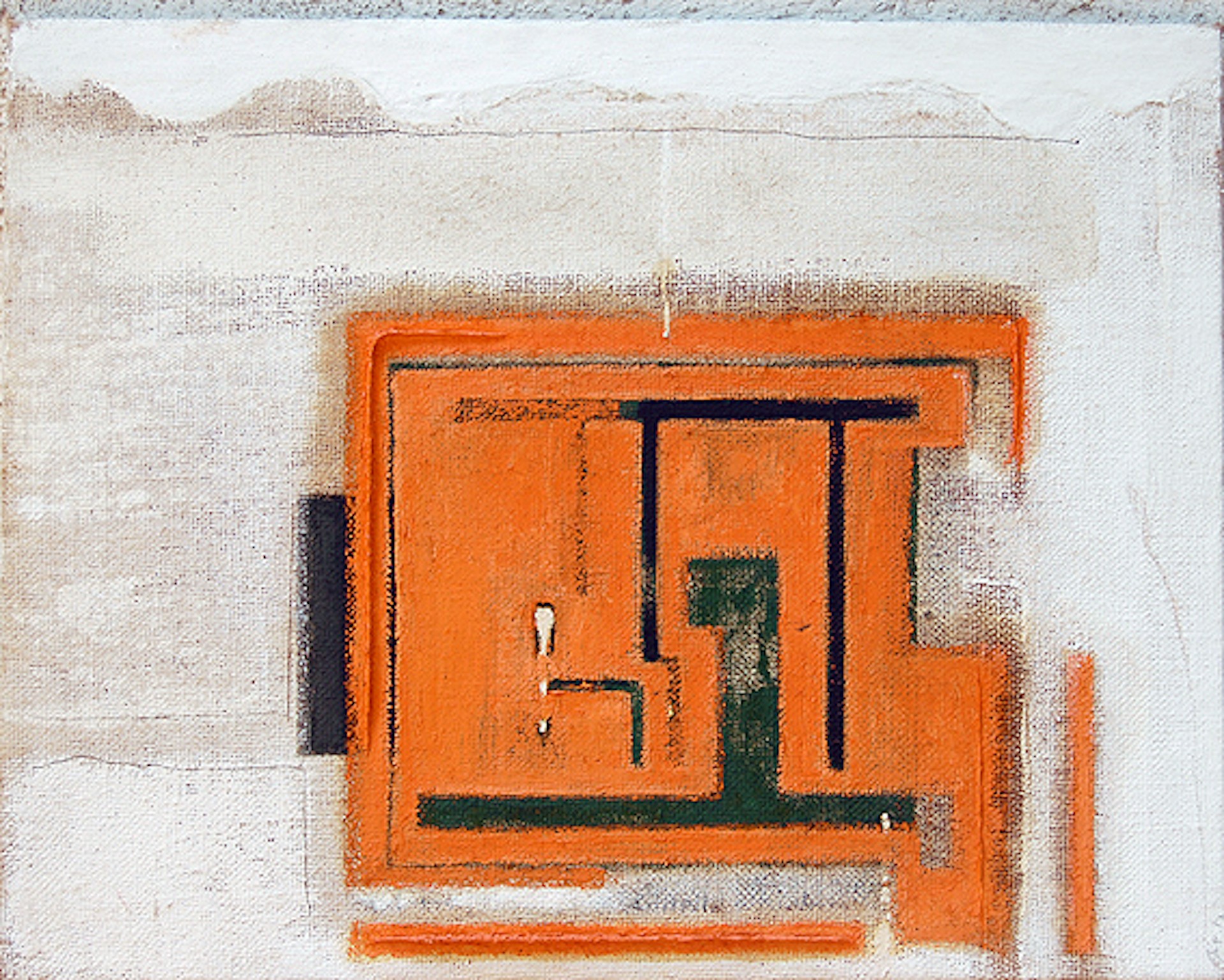 An abstract composition featuring a bold orange geometric shape against a textured, neutral background.