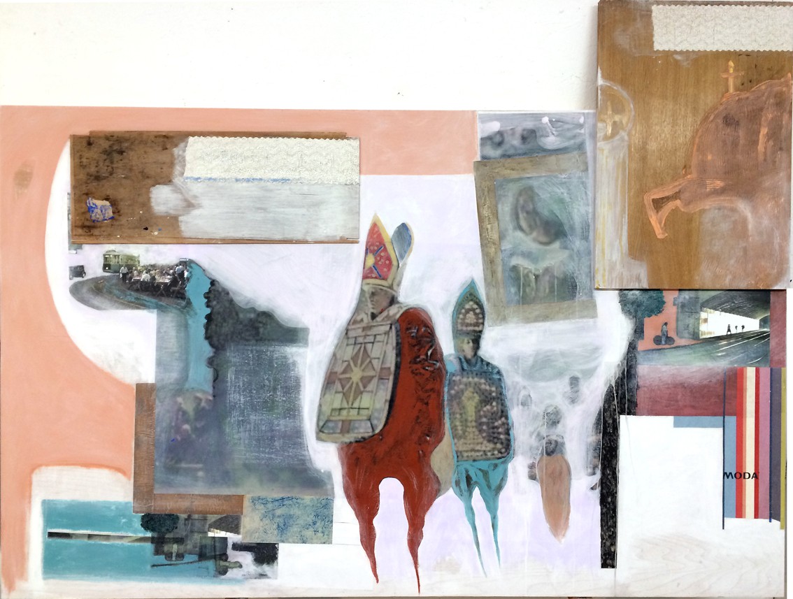 A layered collage featuring two robed figures amidst abstract shapes and photographic fragments.