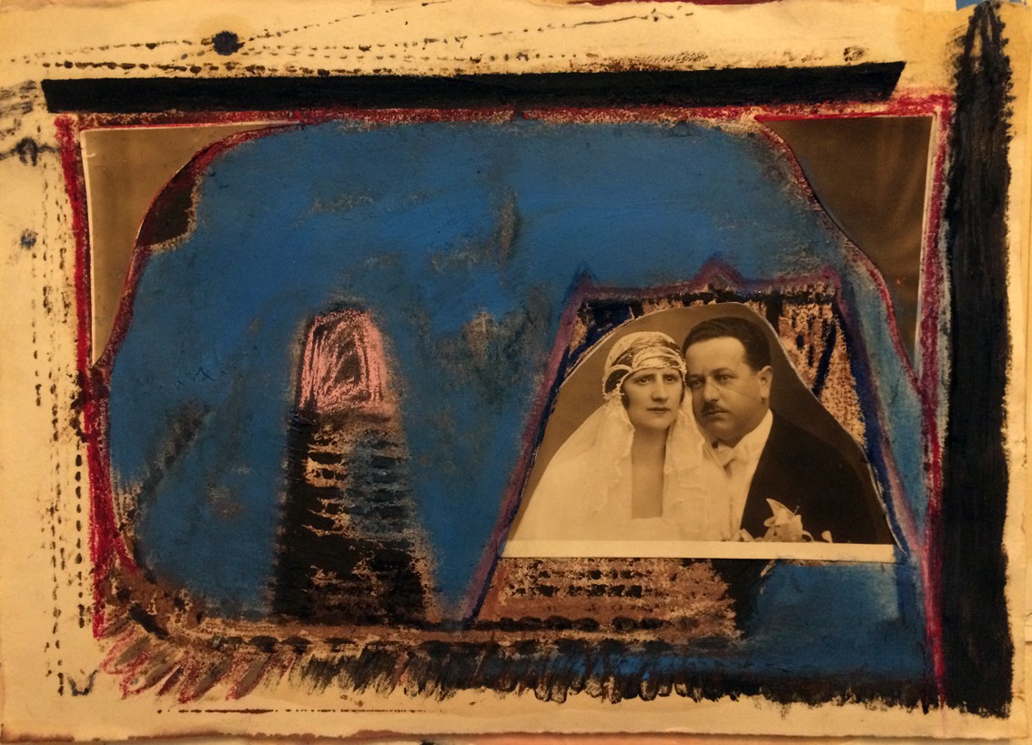 A mixed-media collage featuring a vintage wedding portrait set against an abstract blue background with textured borders.