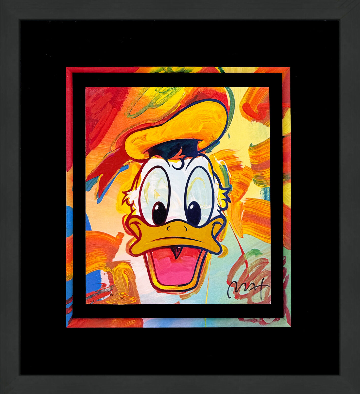 A painting of a cartoon duck with a black frame.