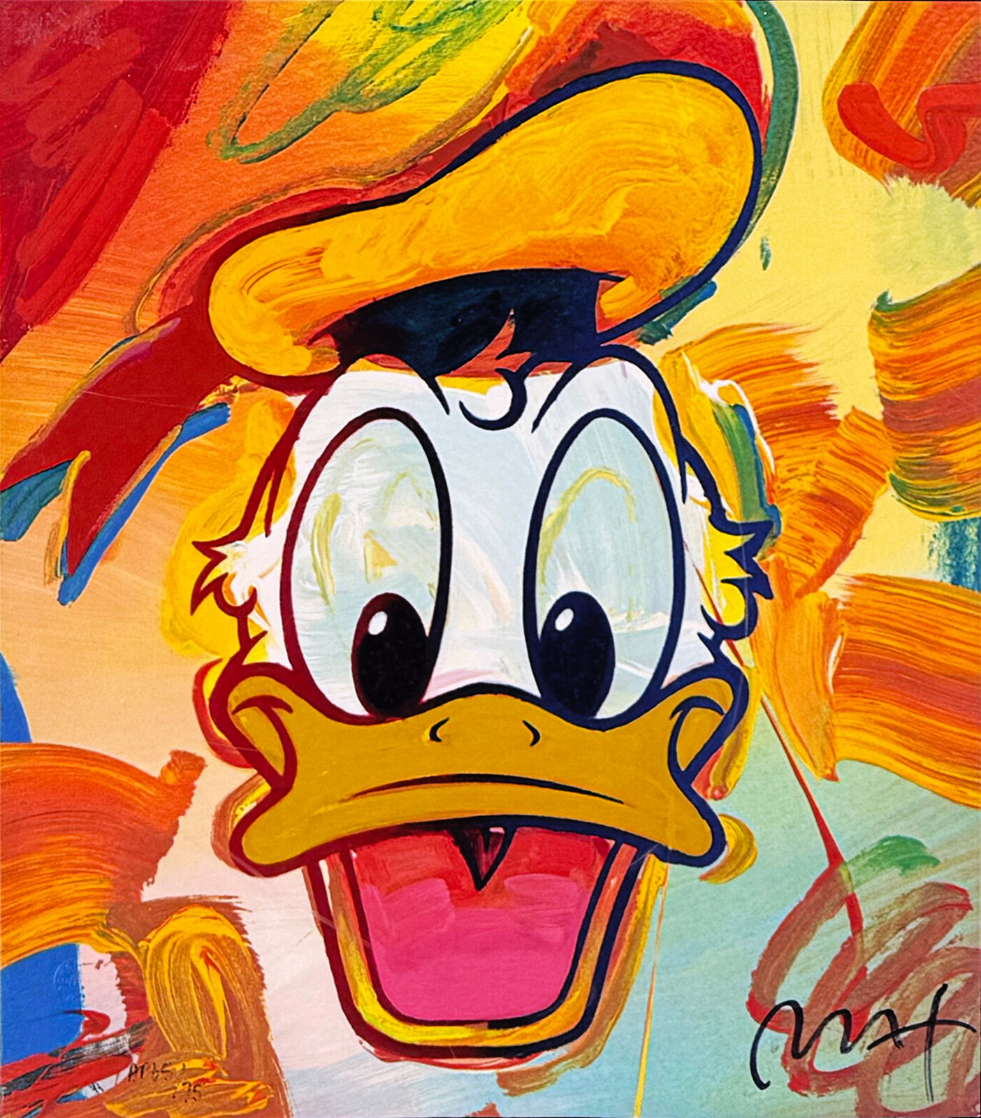 A painting of a cartoon duck with a black frame.