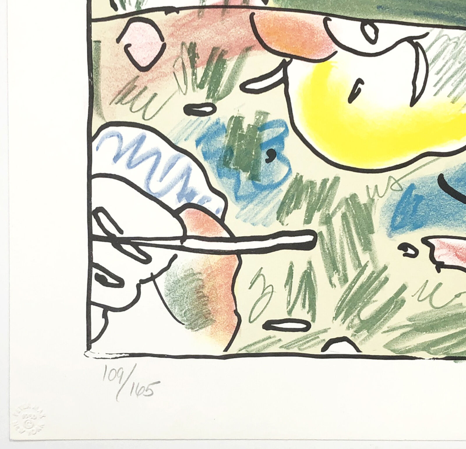 A framed print of a colorful abstract painting in a black frame.