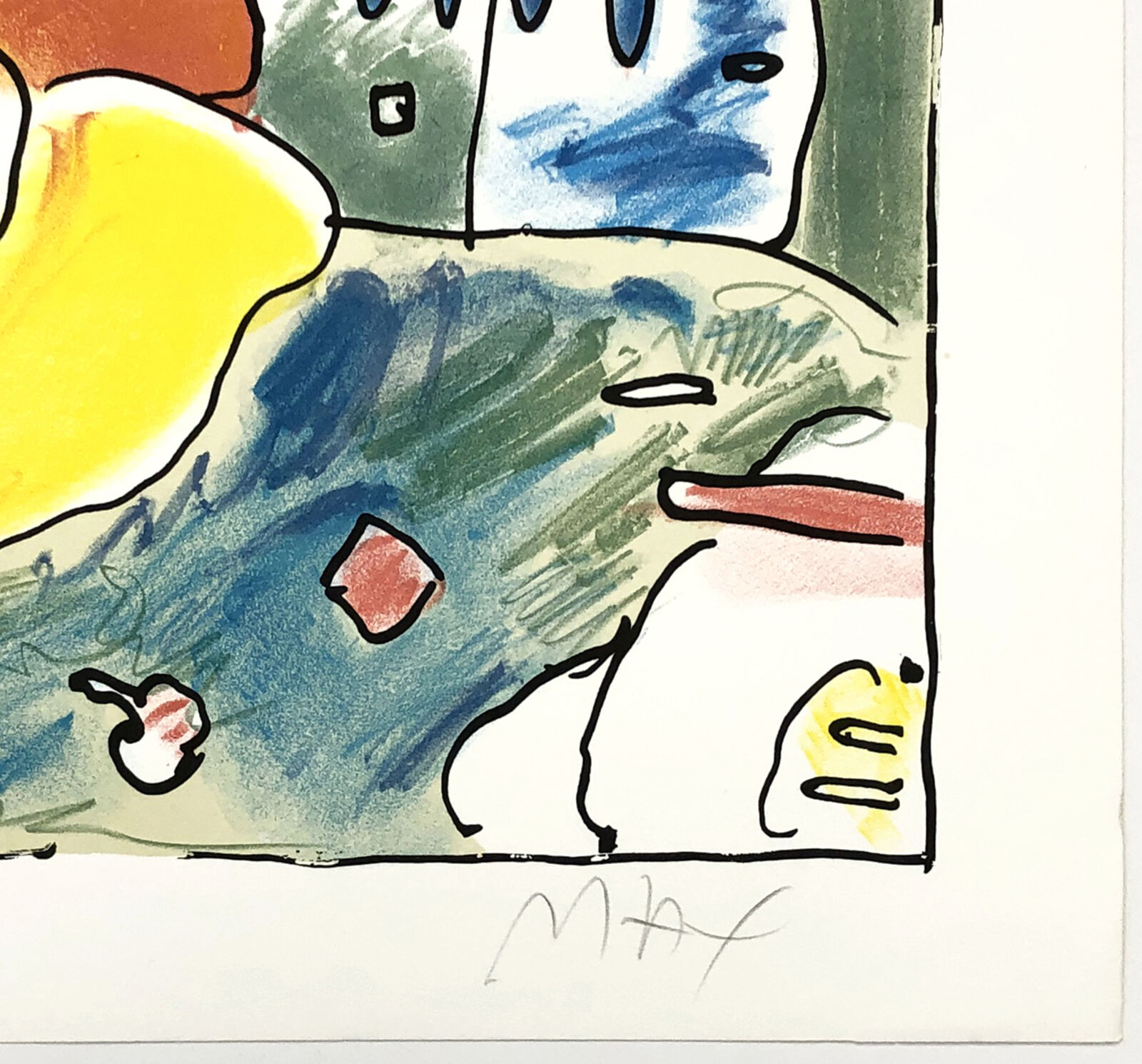 A framed print of a colorful abstract painting in a black frame.