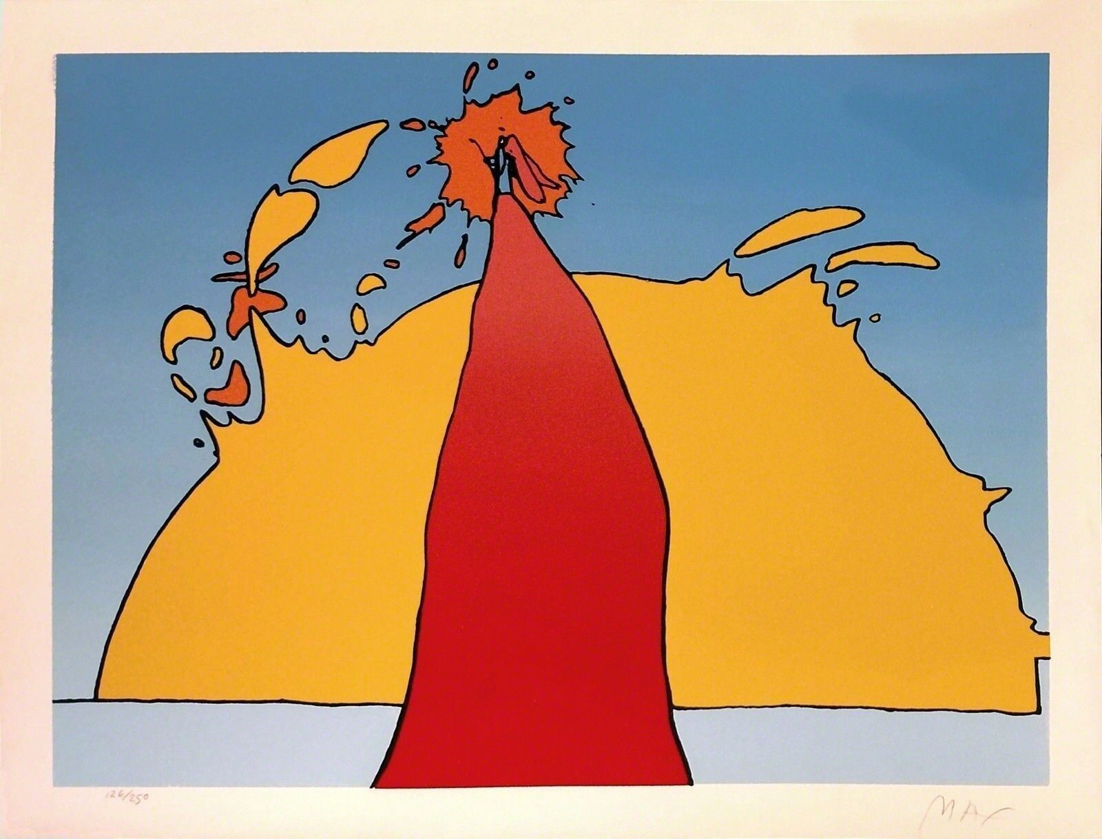 A painting of a woman in a red dress standing in front of a volcano.