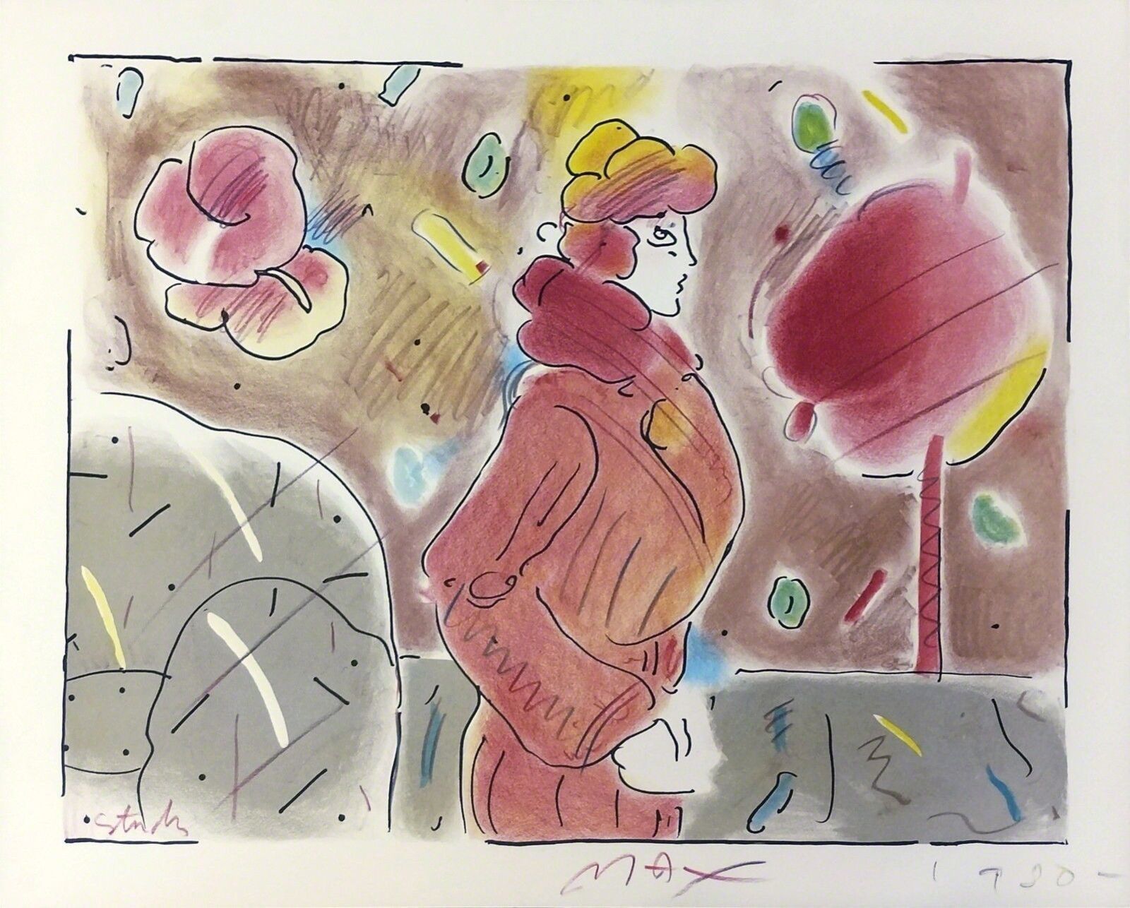 A drawing of a woman in a red coat and hat.
