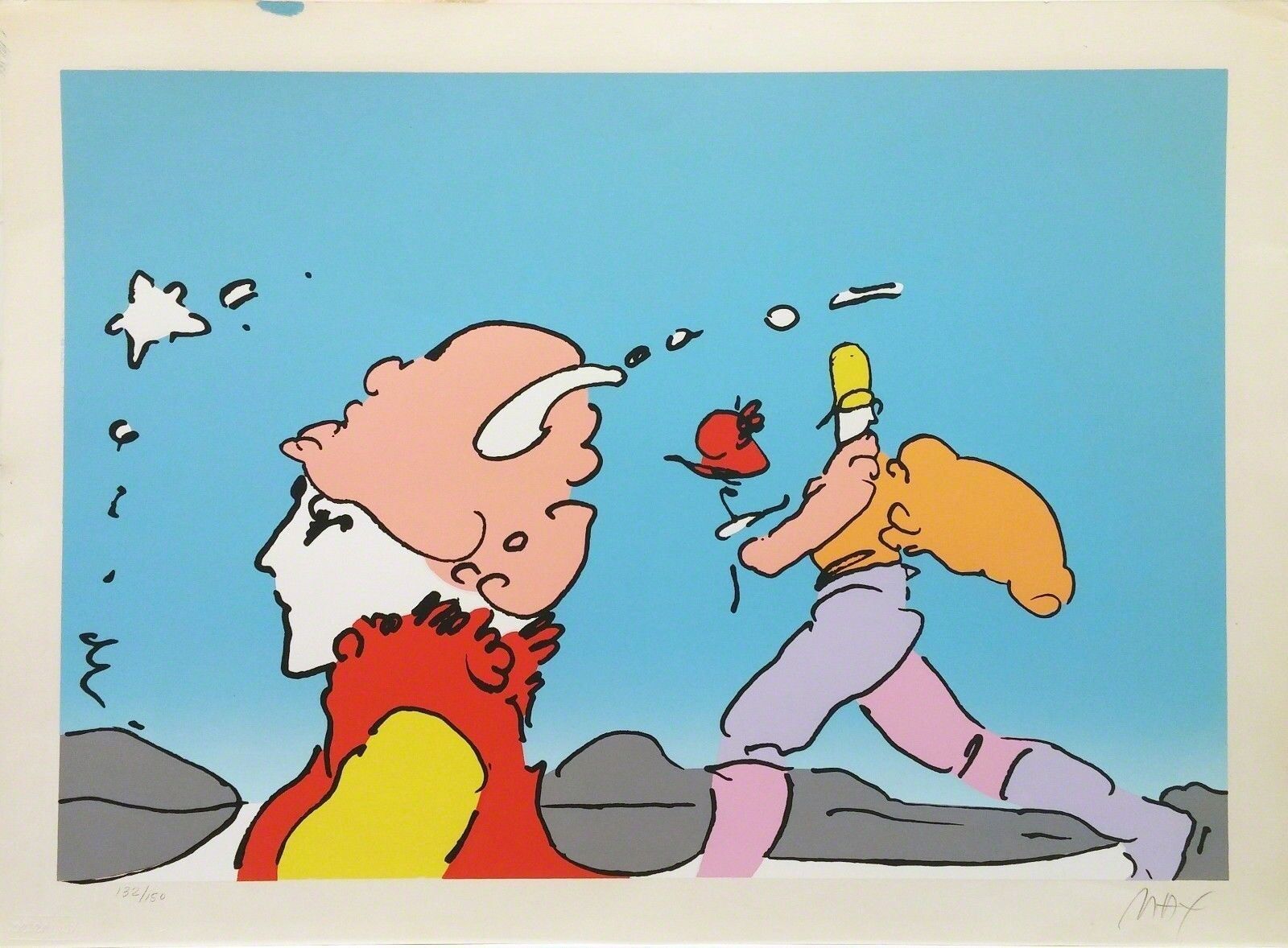 A painting of a man and a woman talking to each other.