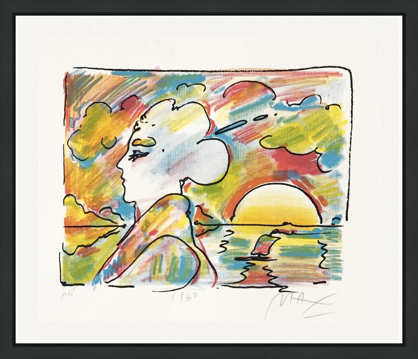 A painting of a woman looking out over a body of water.
