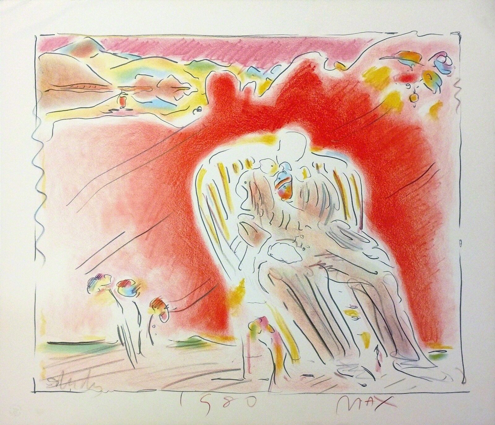 A drawing of a man sitting on a chair in front of a mountain.