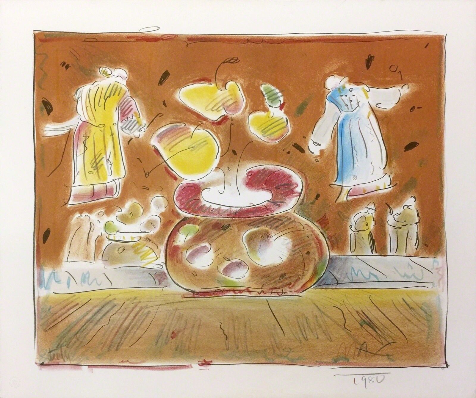 A drawing of a vase filled with apples on top of a table.