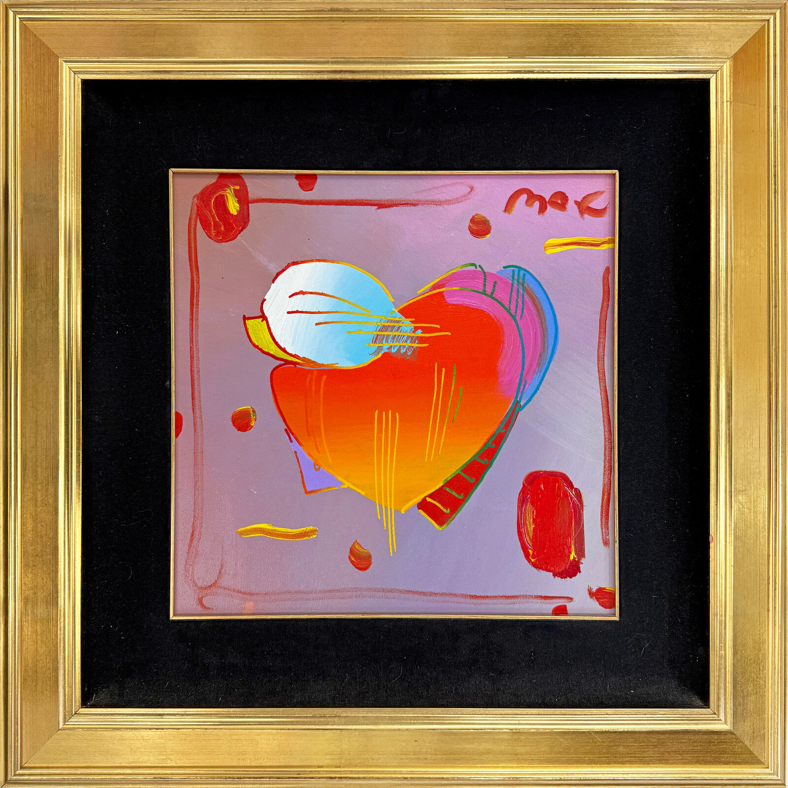 A painting of a red heart in a gold frame.