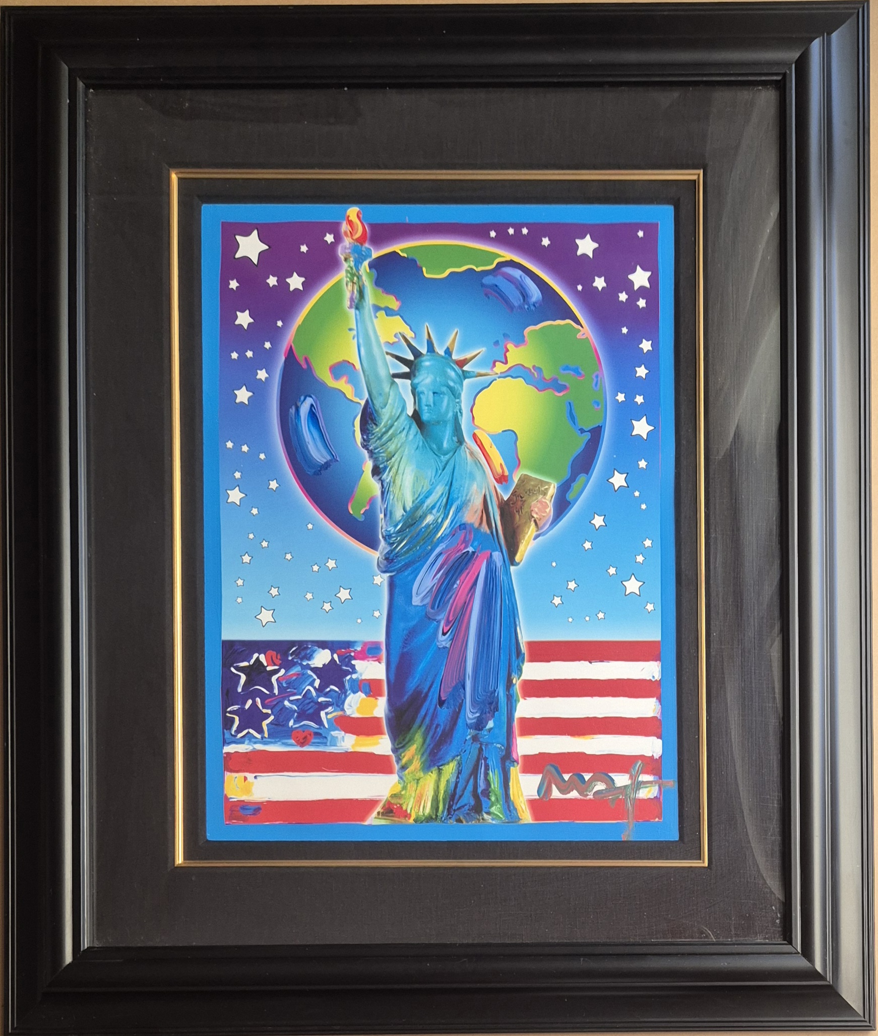 A painting of the Statue of Liberty holding a torch in front of an American flag.