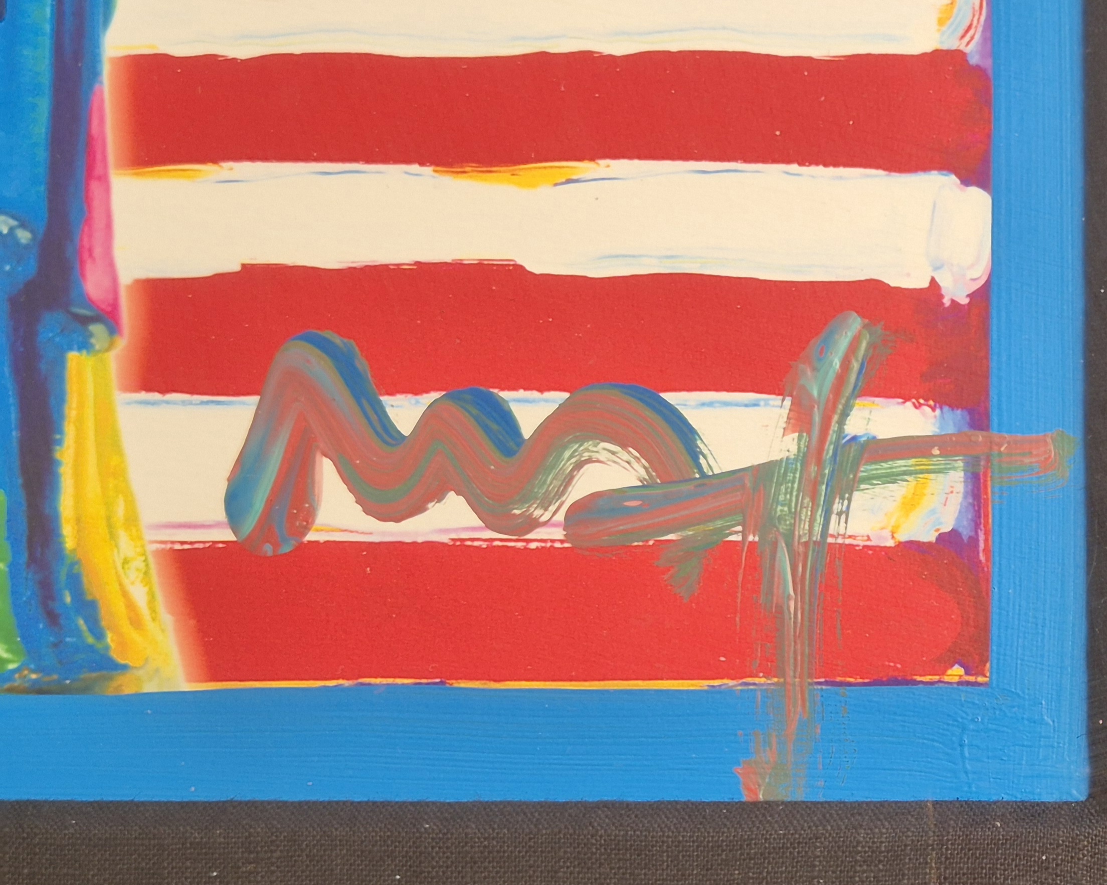 A painting of the Statue of Liberty holding a torch in front of an American flag.