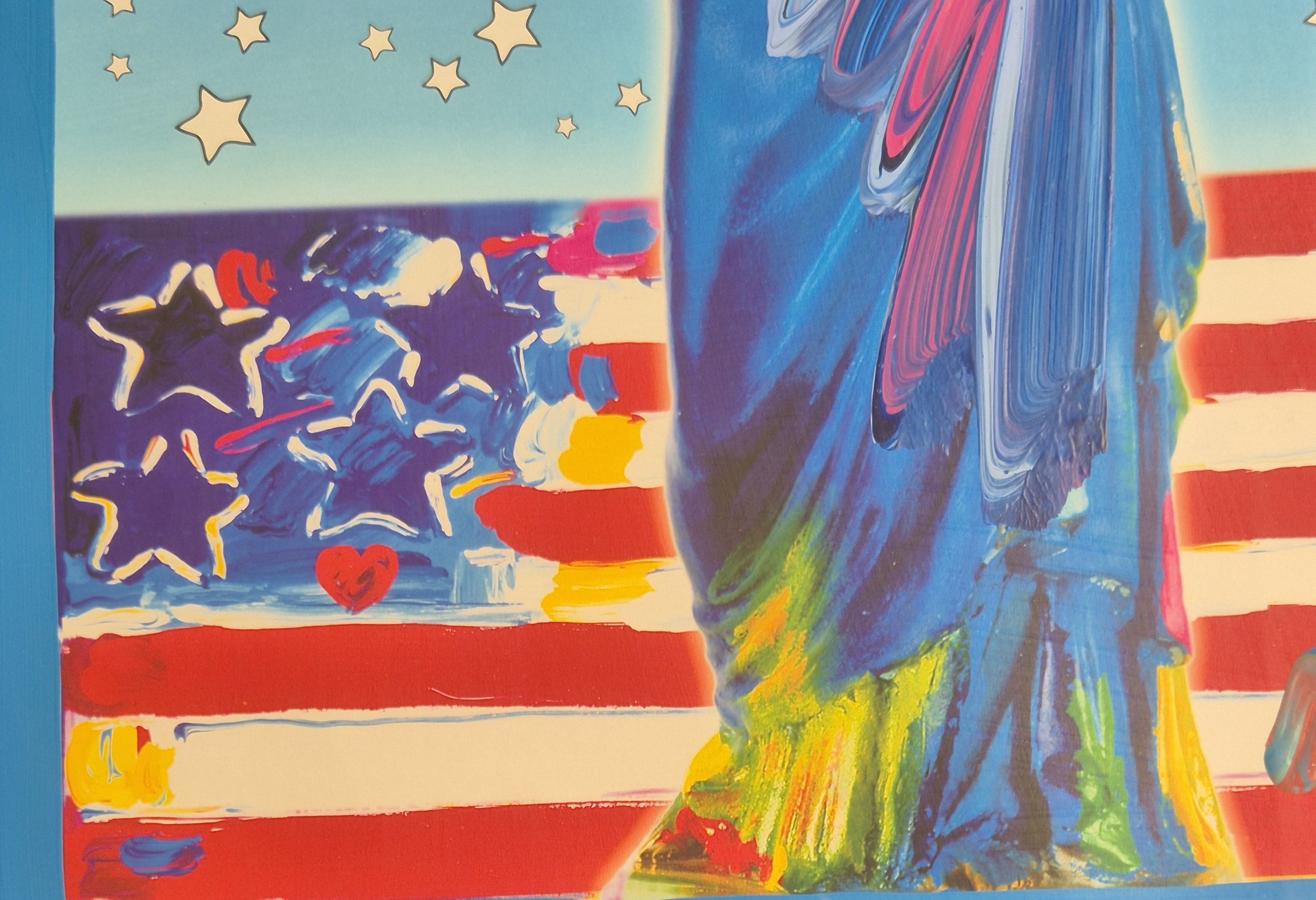A painting of the Statue of Liberty holding a torch in front of an American flag.