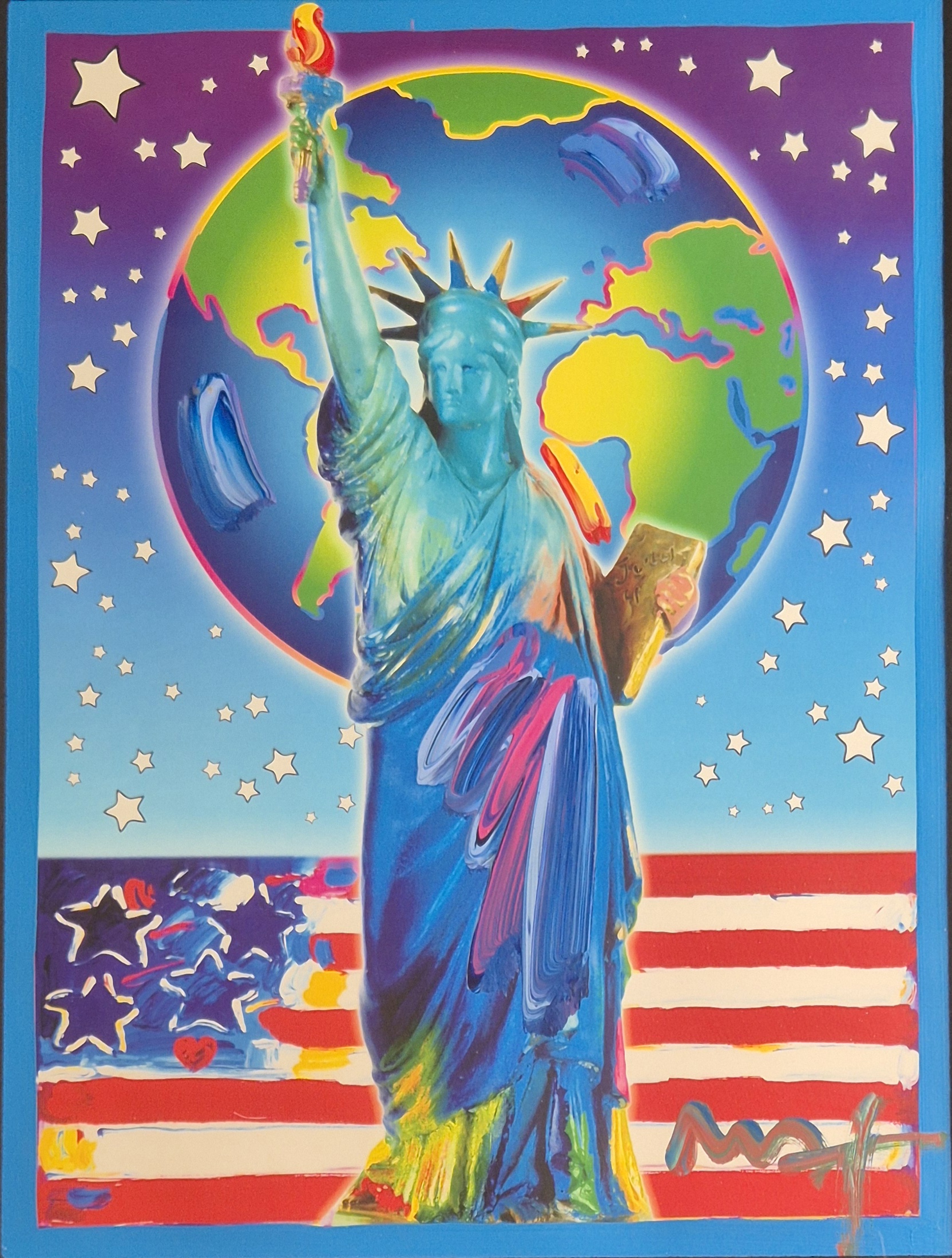 A painting of the Statue of Liberty holding a torch in front of an American flag.
