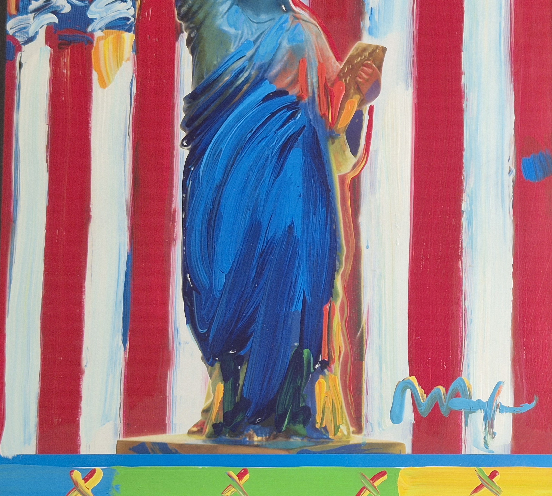 A painting of the Statue of Liberty in front of an American flag.