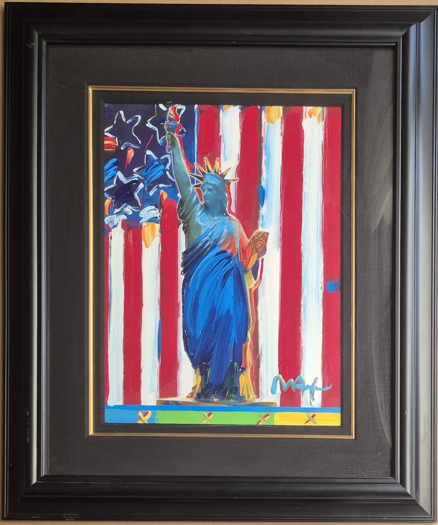 A painting of the Statue of Liberty in front of an American flag.