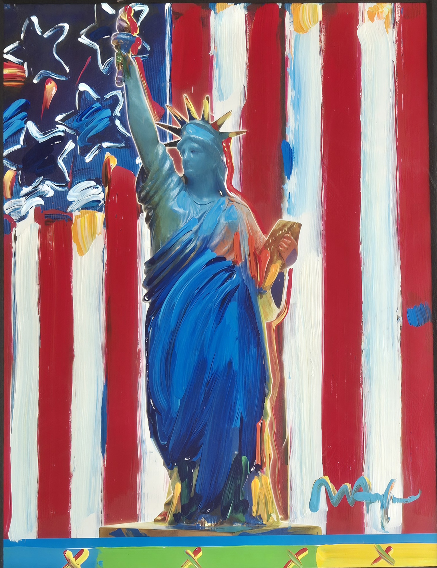 A painting of the Statue of Liberty in front of an American flag.