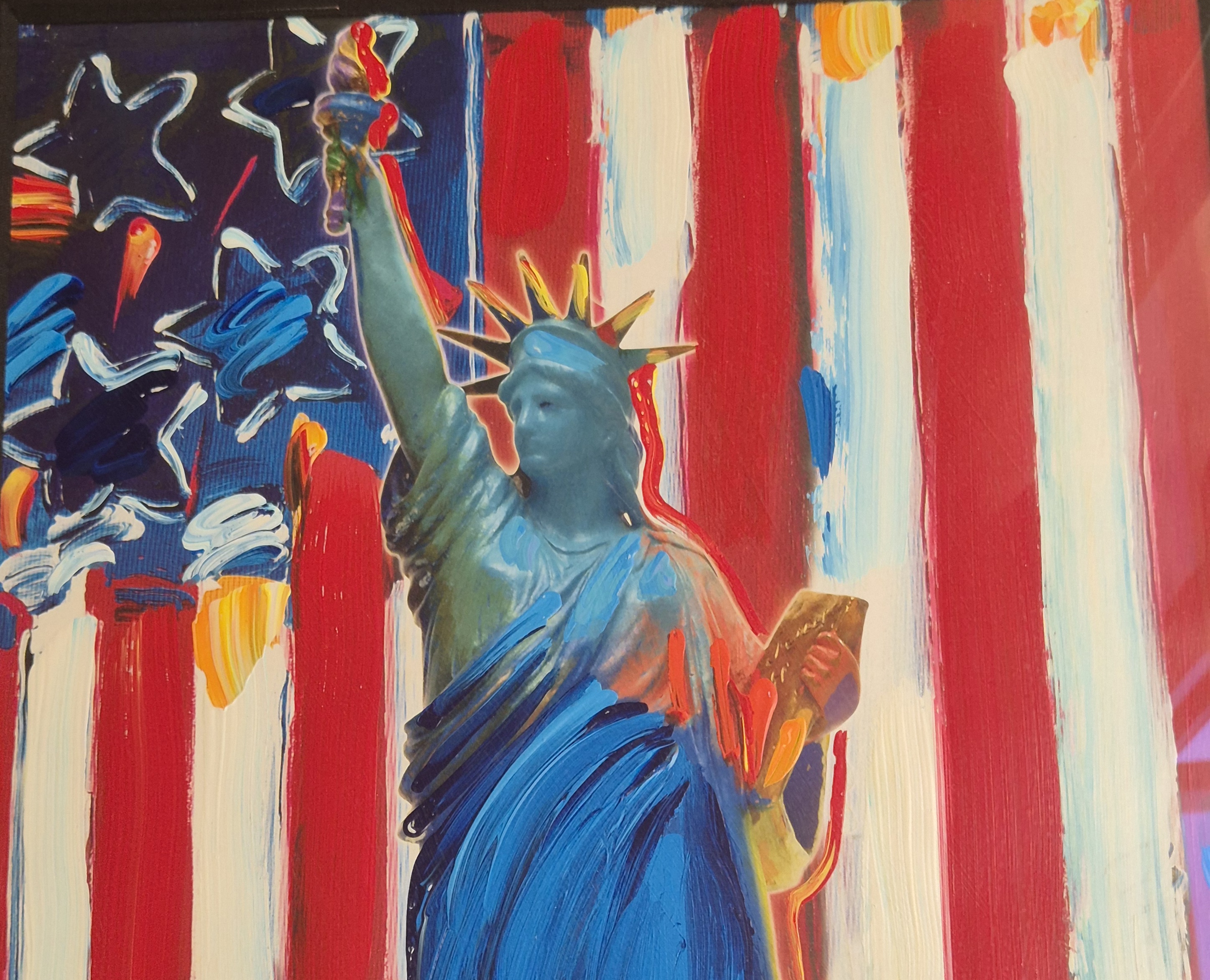 A painting of the Statue of Liberty in front of an American flag.
