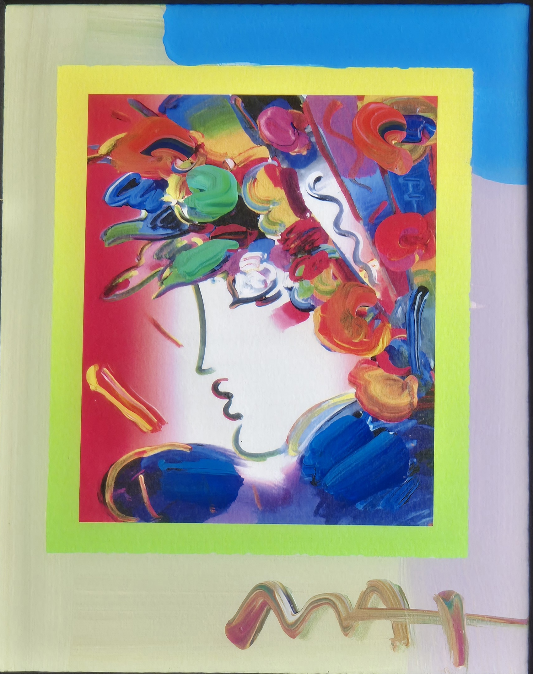 A vibrant portrait featuring a stylized face surrounded by colorful abstract shapes.