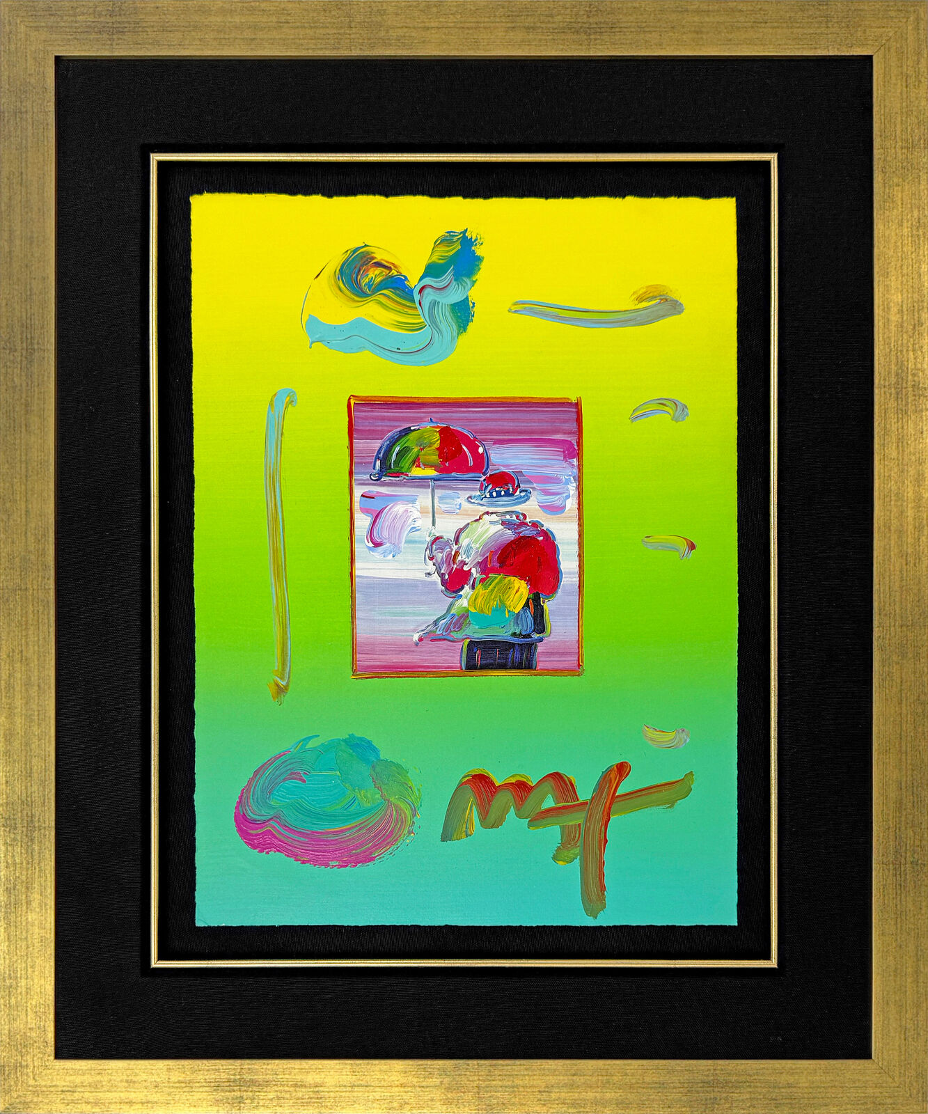 A painting of a person holding an umbrella in a frame.