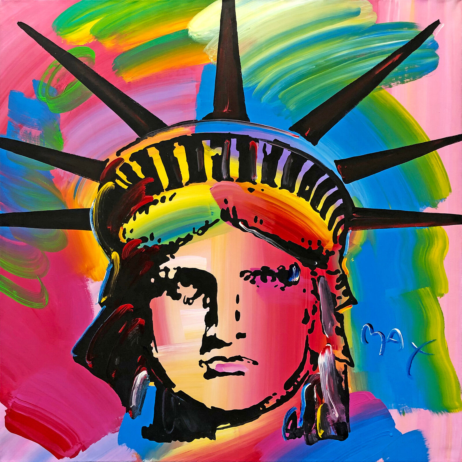 A painting of the Statue of Liberty on a pink background.