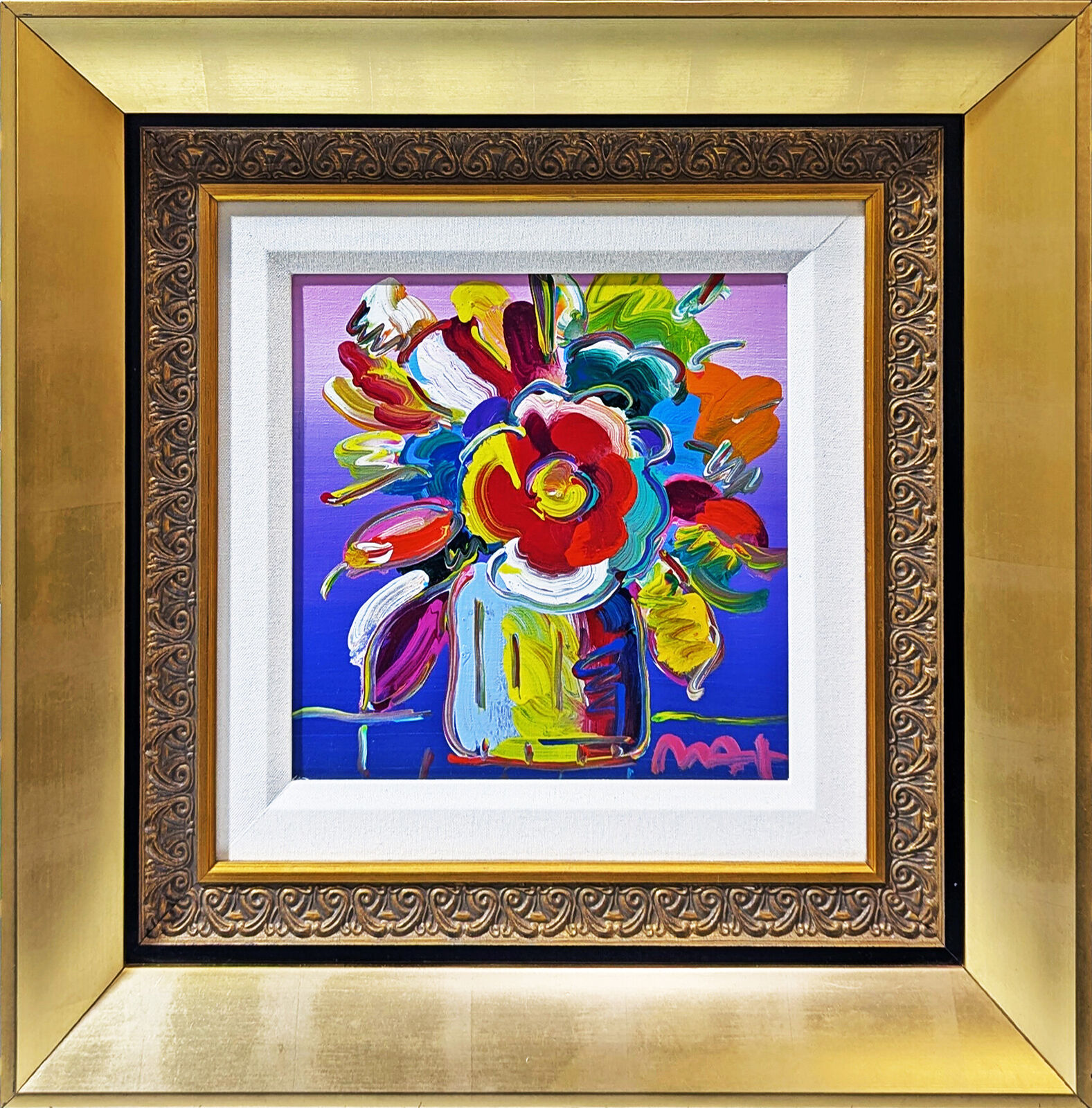 A painting of colorful flowers in a vase in a gold frame.