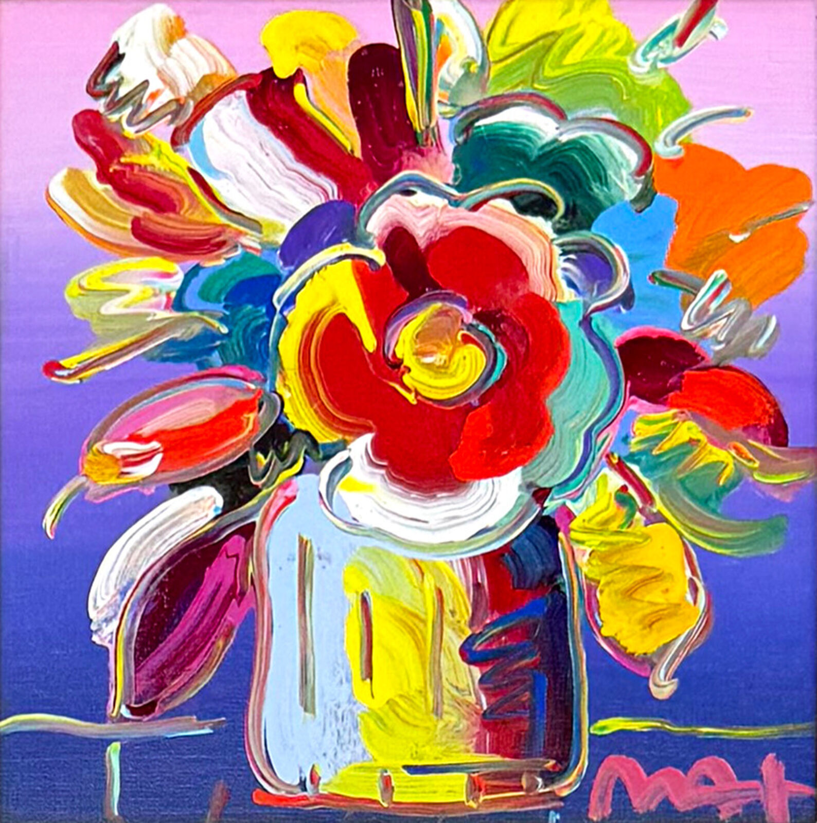 A painting of colorful flowers in a vase in a gold frame.