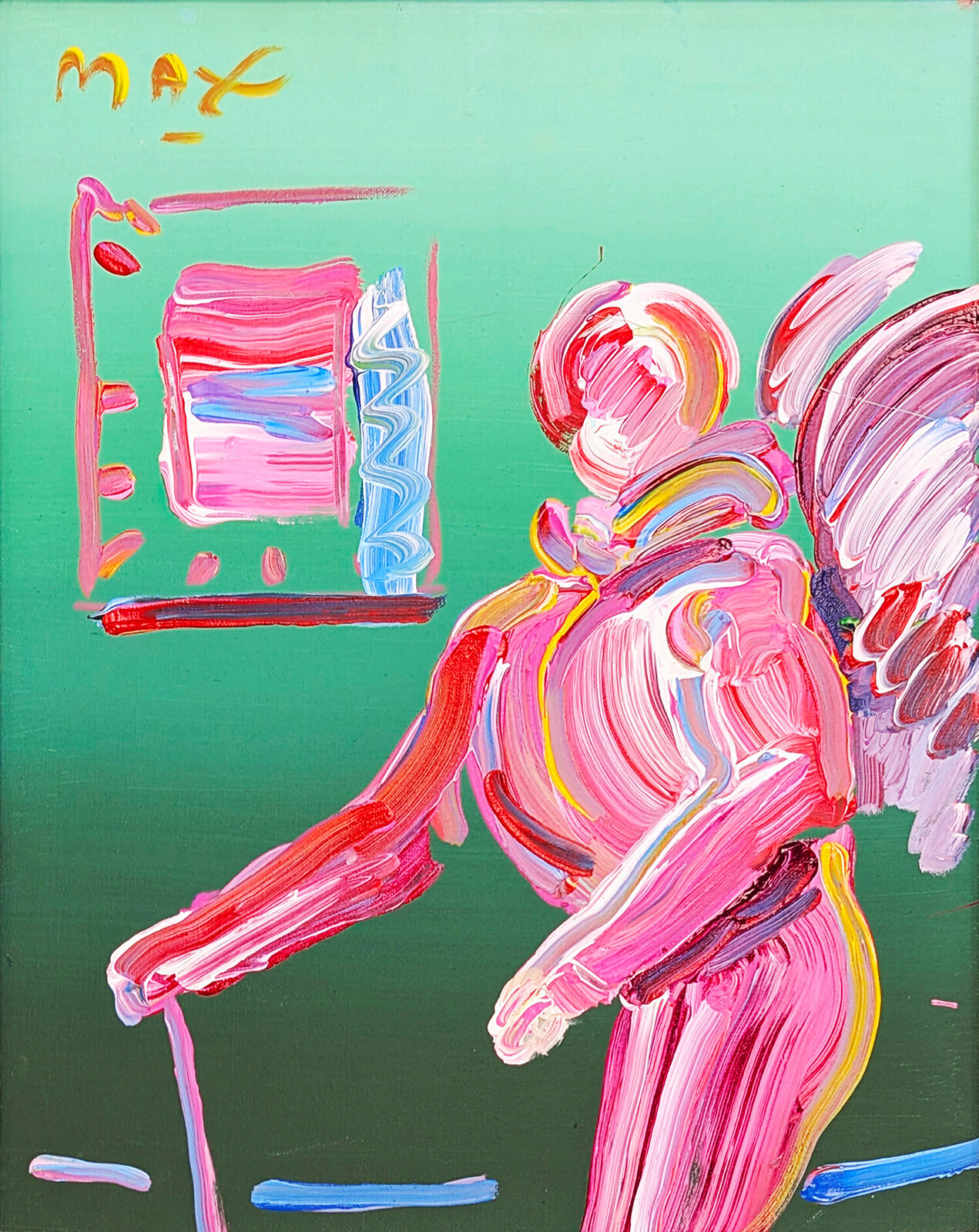 A vibrant, expressive painting of a winged figure in pink against a green background.