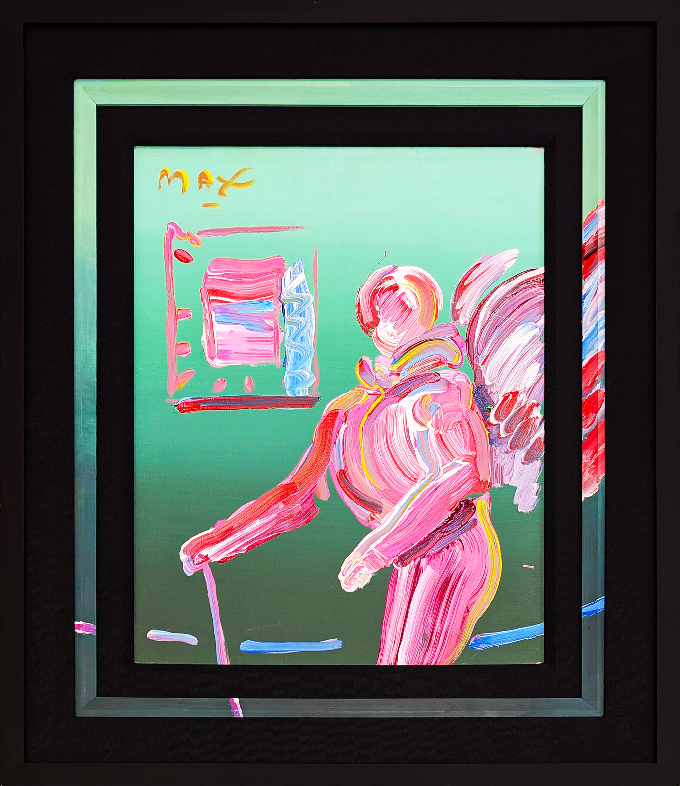 A vibrant, expressive painting of a winged figure in pink against a green background.