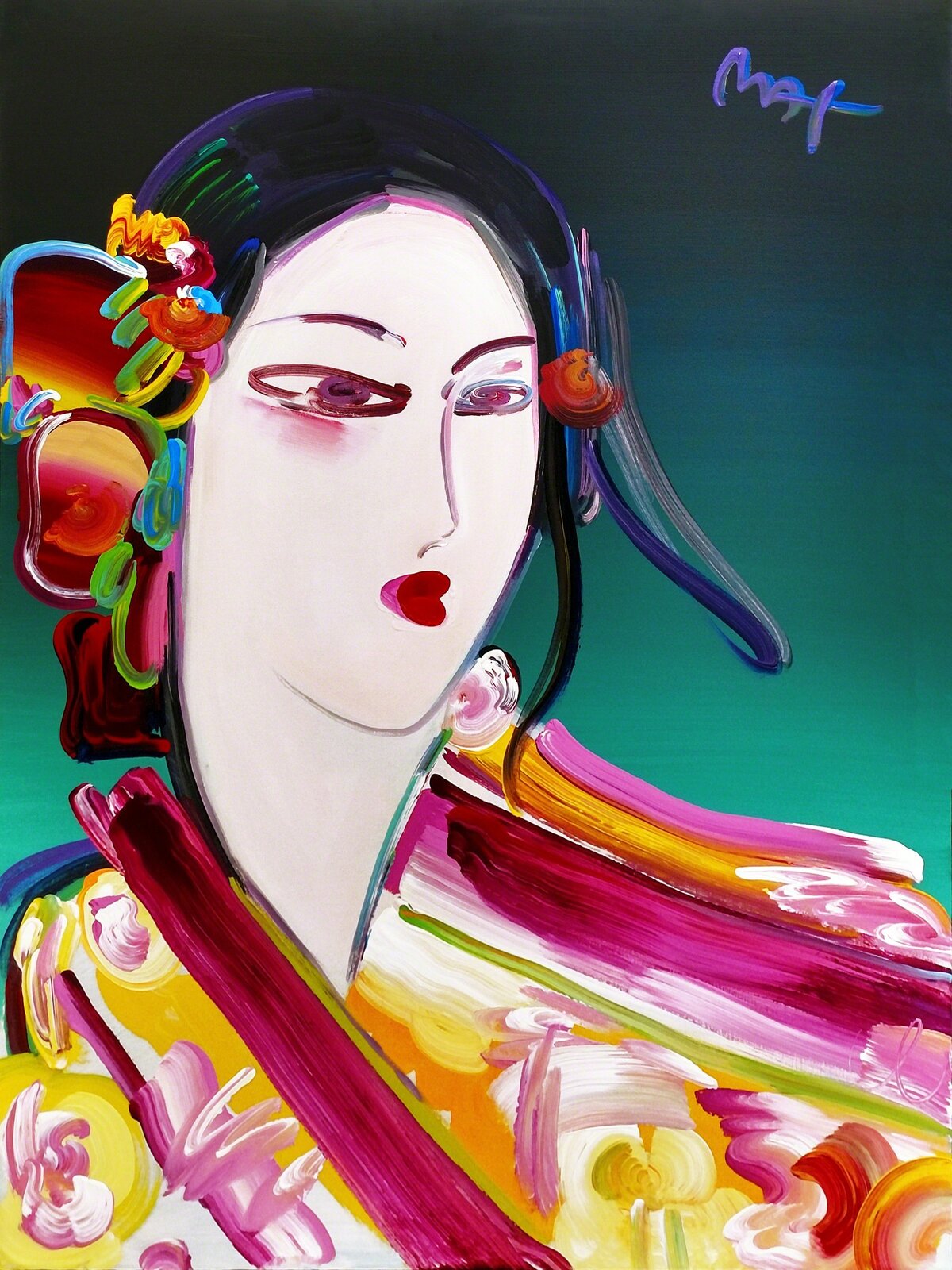 A painting of a woman in a colorful kimono. 