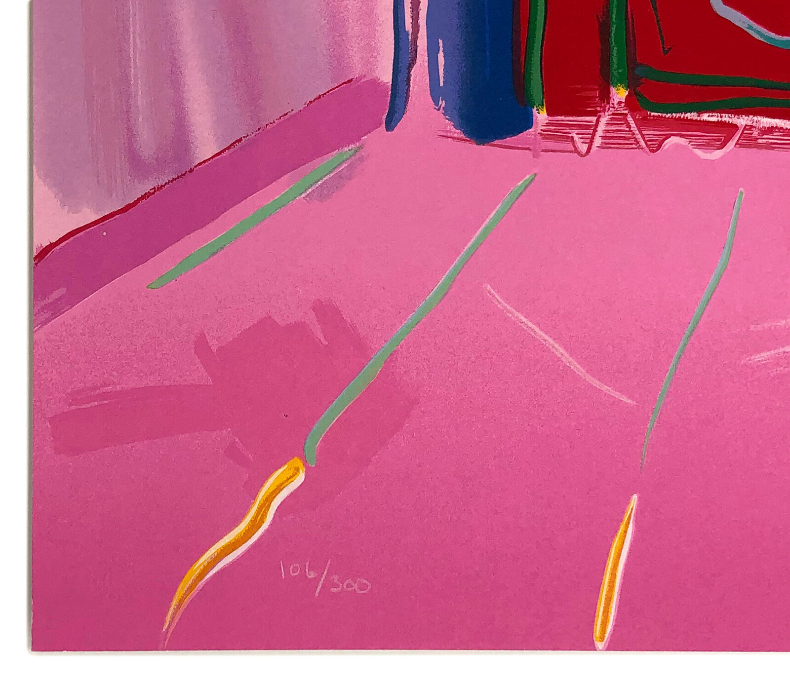A vibrant, stylized interior scene featuring a reclining figure on a sofa amidst a chaotic, colorful room.