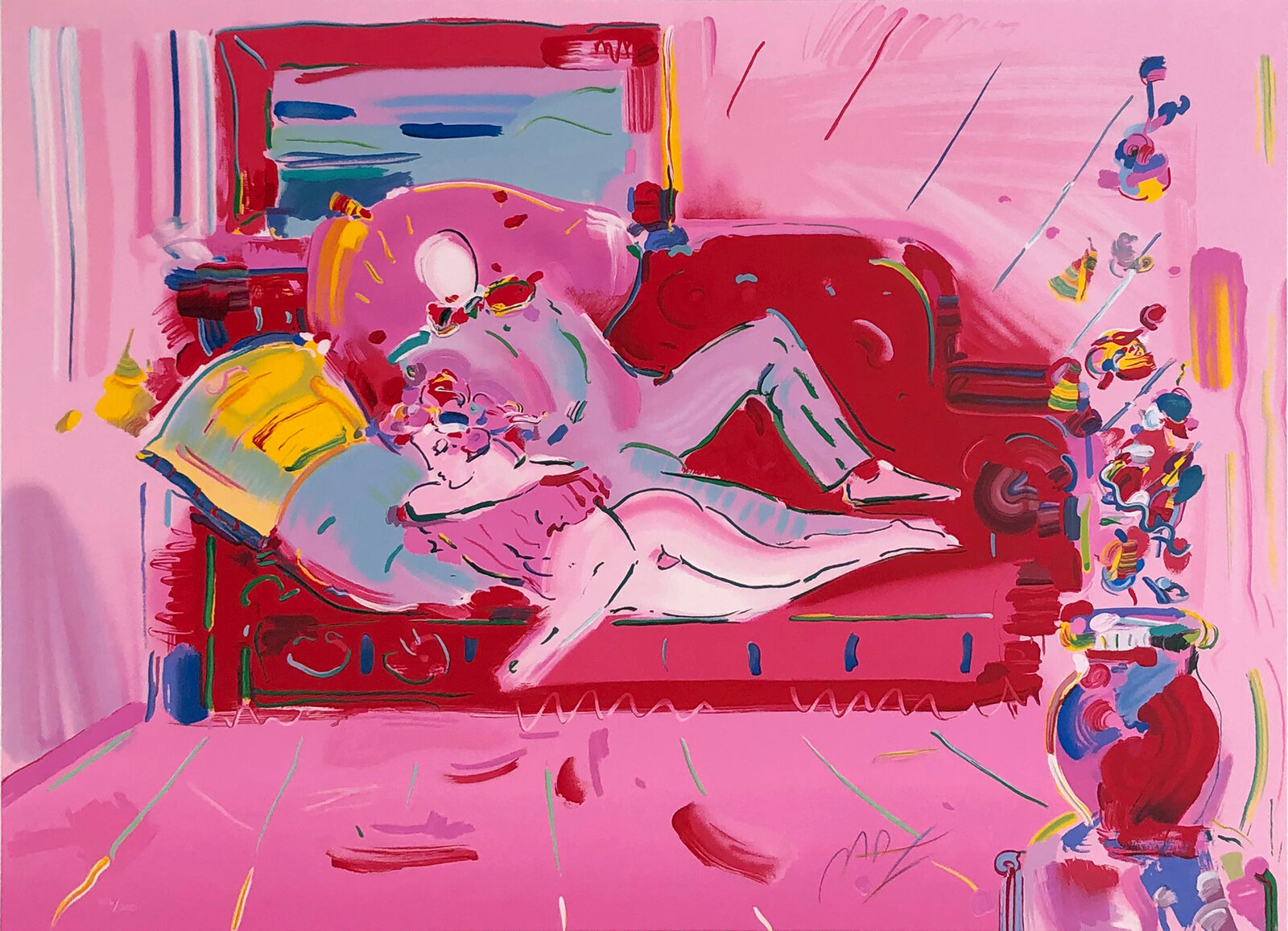 A vibrant, stylized interior scene featuring a reclining figure on a sofa amidst a chaotic, colorful room.