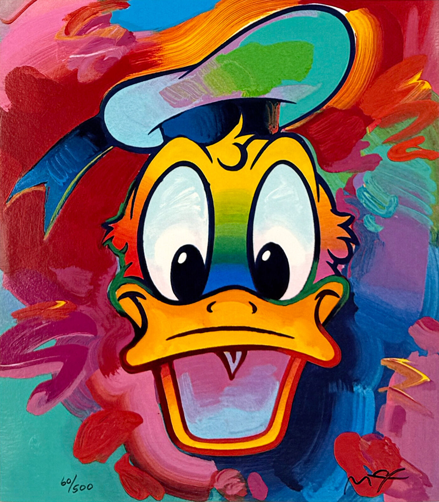 A painting of a duck wearing a hat. 