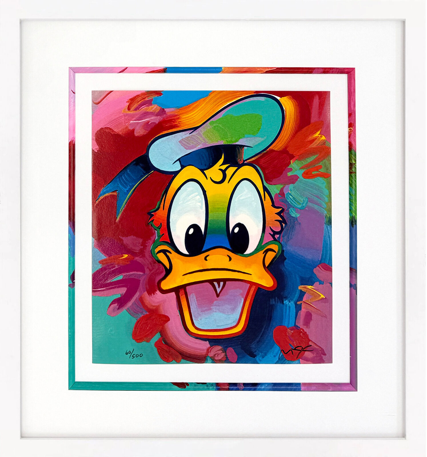 A painting of a duck wearing a hat. 