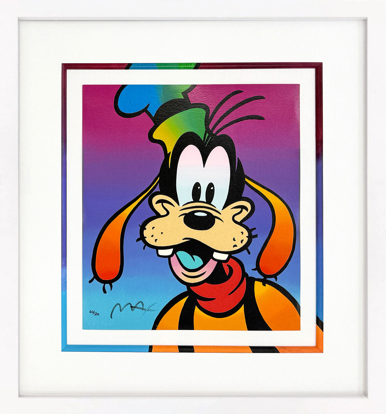 A painting of a goofy dog wearing a hat and scarf.