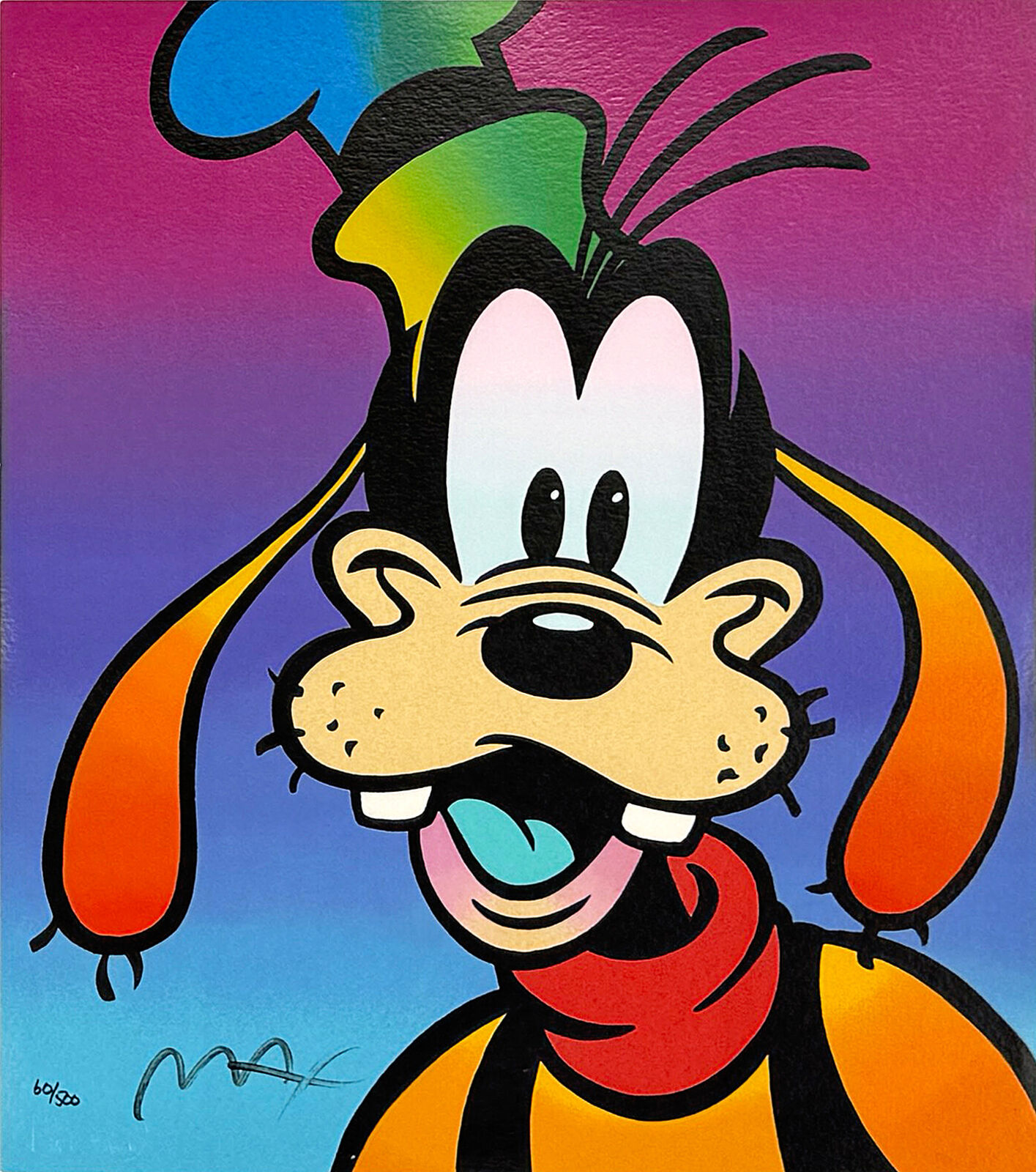 A painting of a goofy dog wearing a hat and scarf.