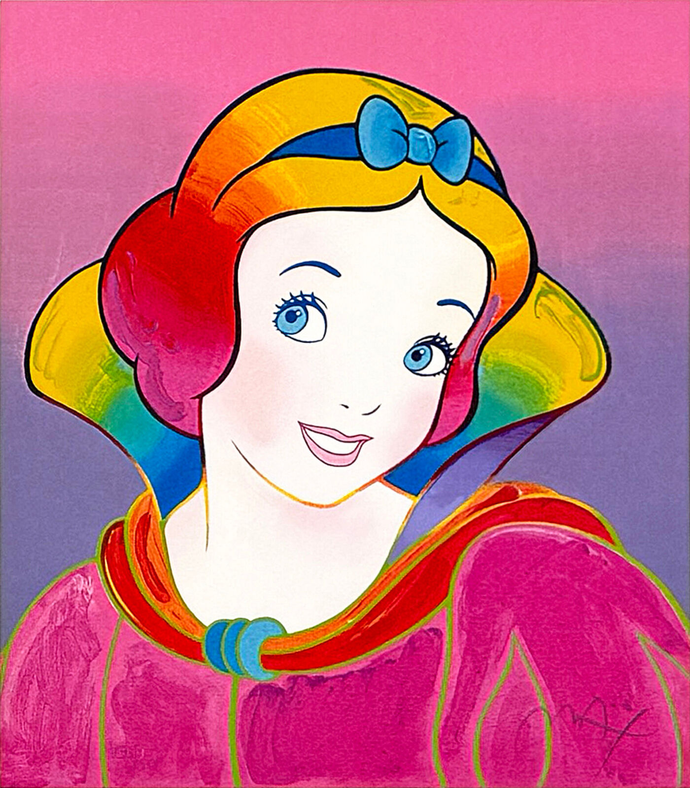 A set of four framed pictures of snow white in different colors.