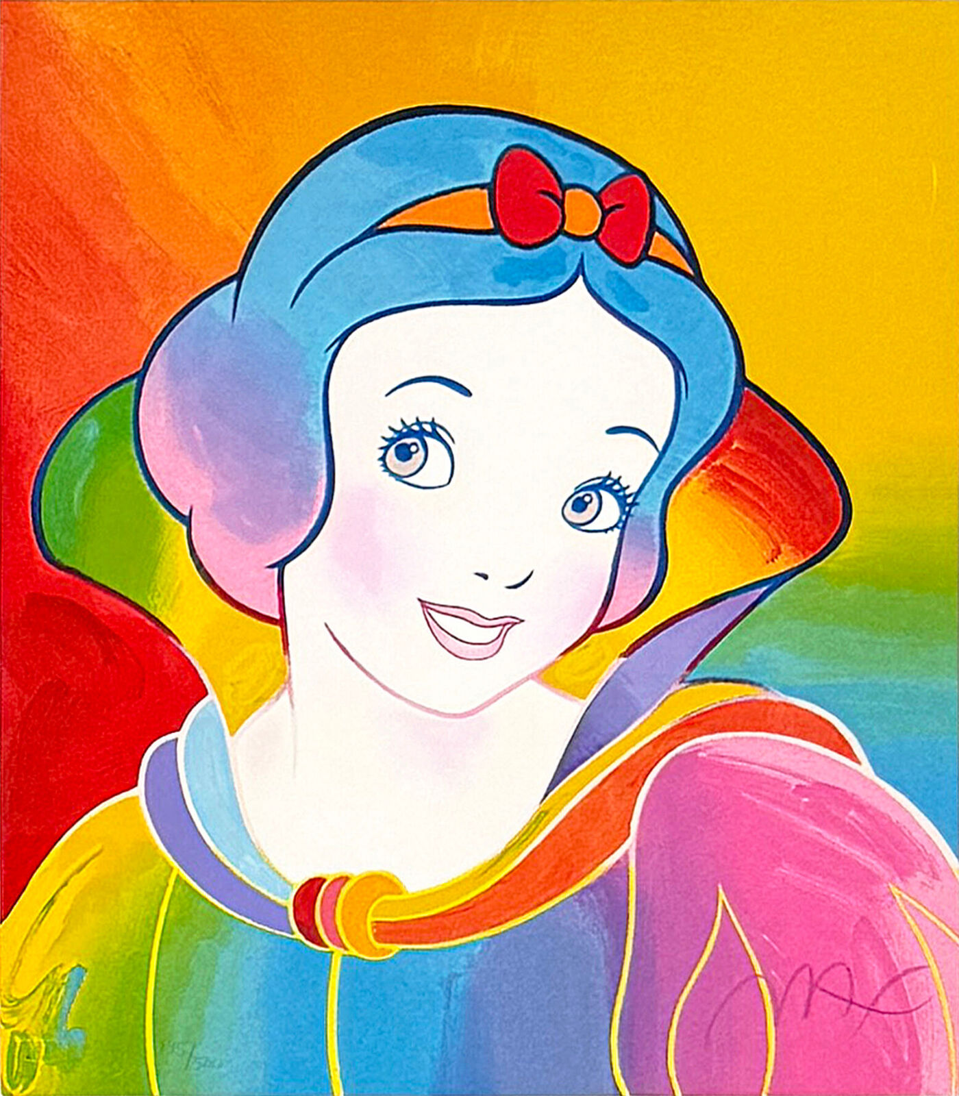 A set of four framed pictures of snow white in different colors.