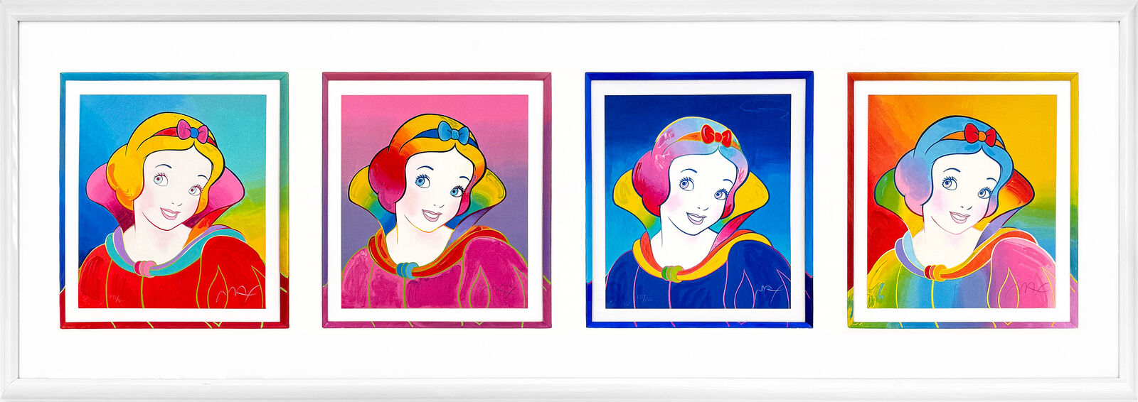 A set of four framed pictures of snow white in different colors.