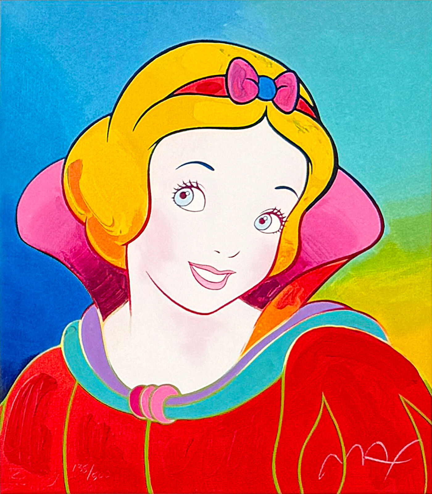 A set of four framed pictures of snow white in different colors.