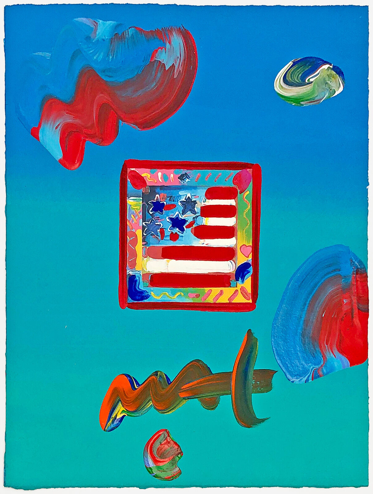 Artwork by Peter Max, Flag with Heart (unique mixed media on paper), Made of Mixed Media On Paper 