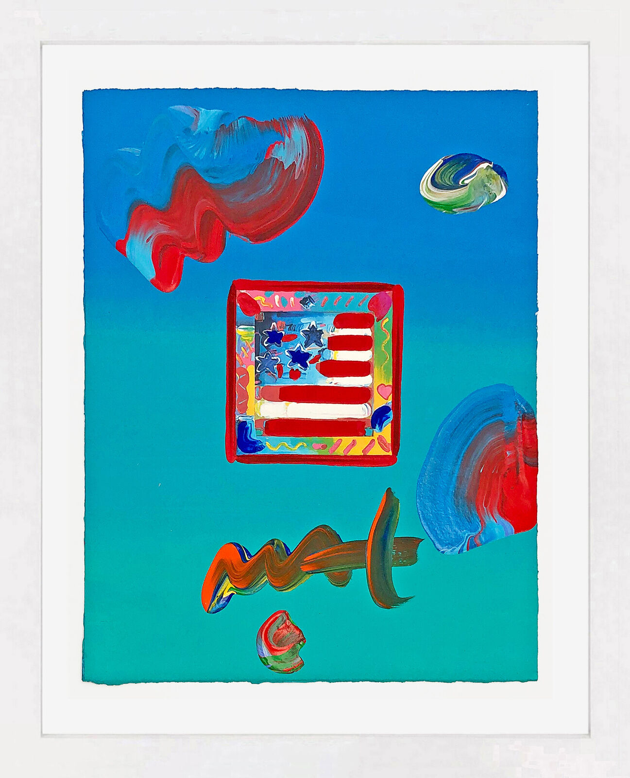 Flag with Heart (unique mixed media on paper) by Peter Max, 2009