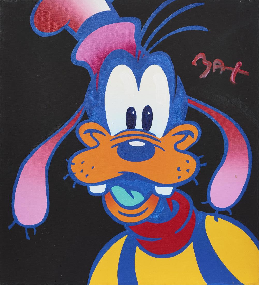 A painting of a goofy dog wearing a top hat.