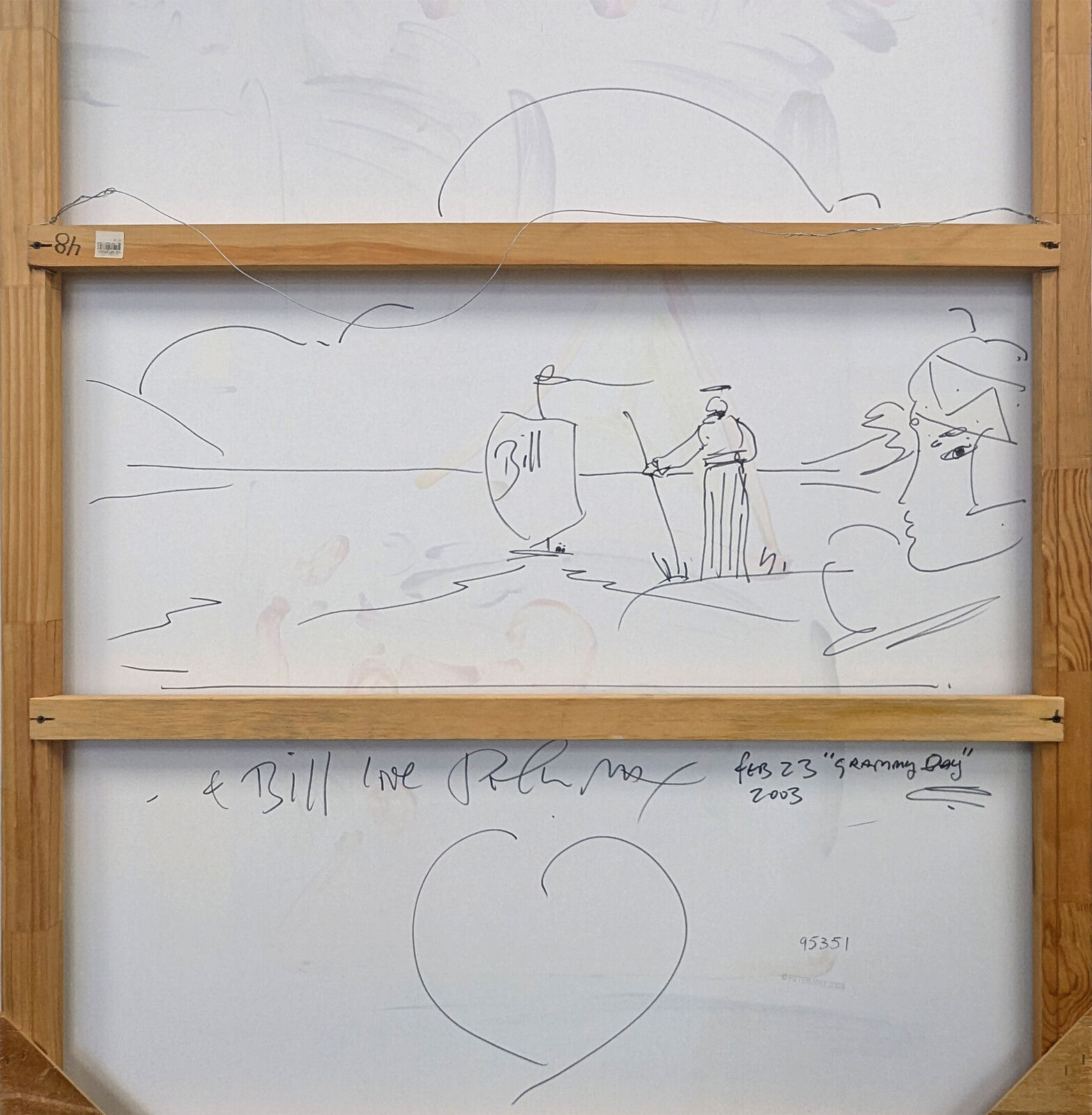 A painting of a grammy award in front of a city skyline.