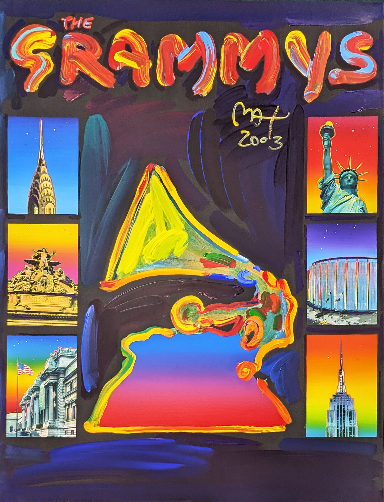 A painting of a grammy award in front of a city skyline.