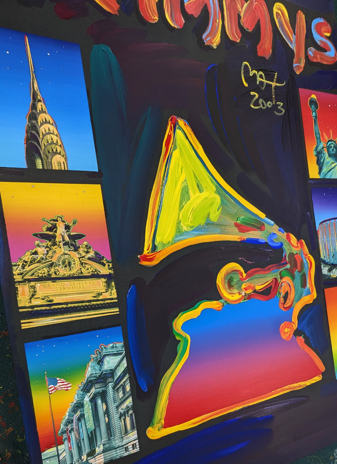 A painting of a grammy award in front of a city skyline.