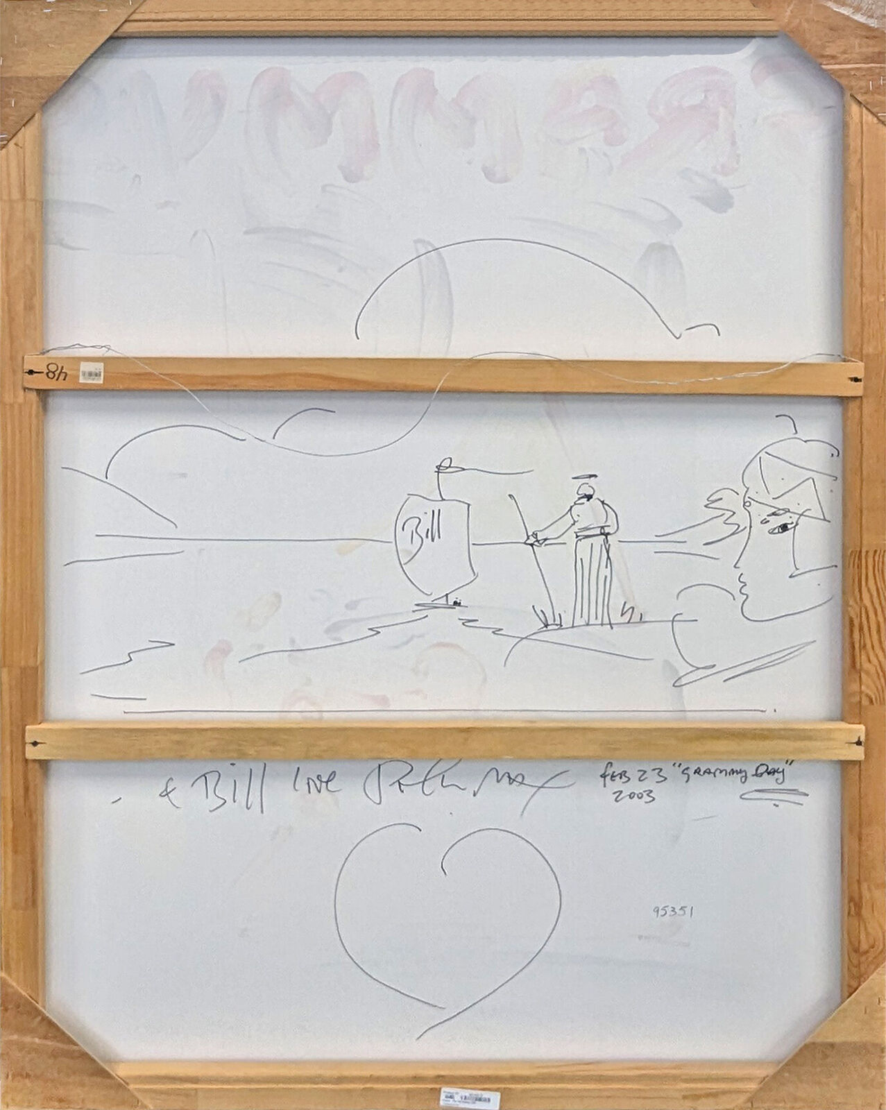 A painting of a grammy award in front of a city skyline.