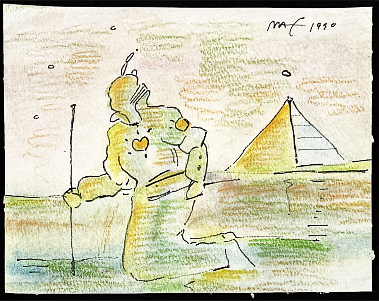 A drawing of a woman sitting in front of a pyramid.