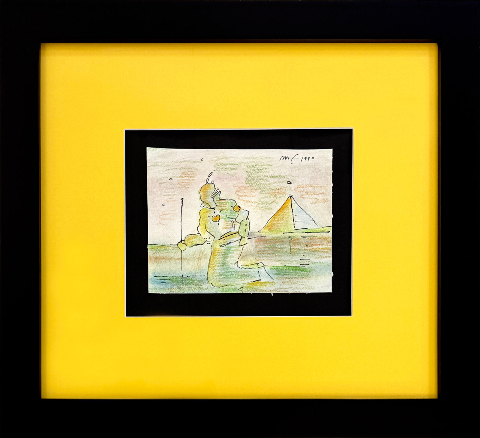 A drawing of a woman sitting in front of a pyramid.