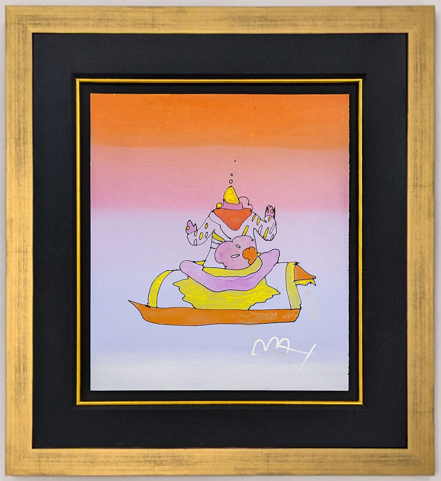 A painting of a cat in a boat on a pink and orange background.